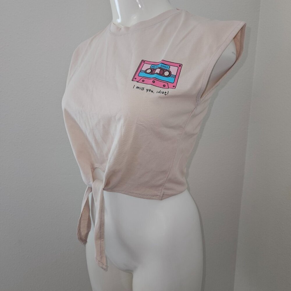 NWT Kagito Tan Tank Crop Top Cassette Tape Breakup Songs I Miss You Idiot Sz XS - Picture 4 of 14